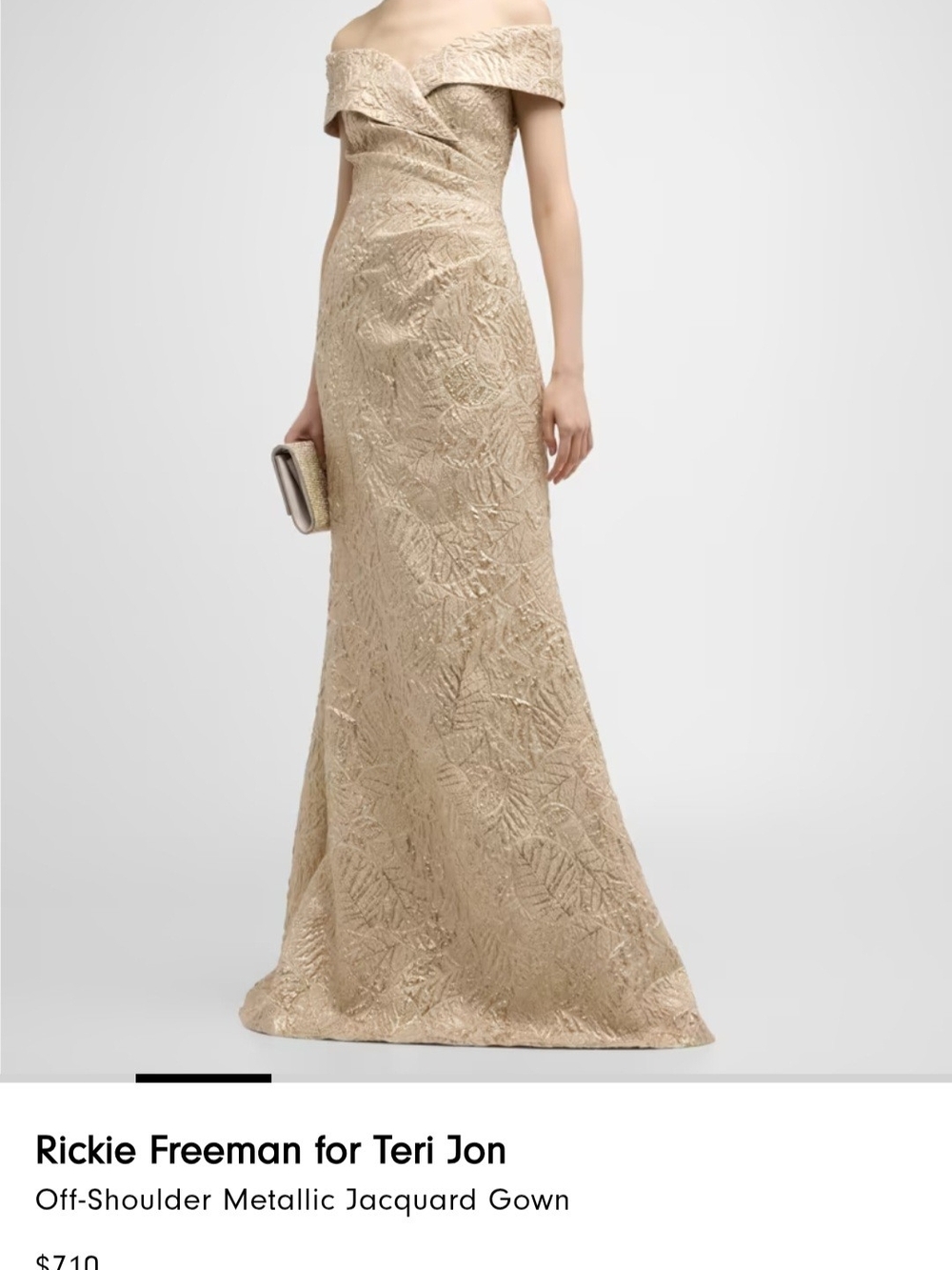 Teri Jon Metallic Jacquard Off-Shoulder Maxi Gown in Gold-Tan
